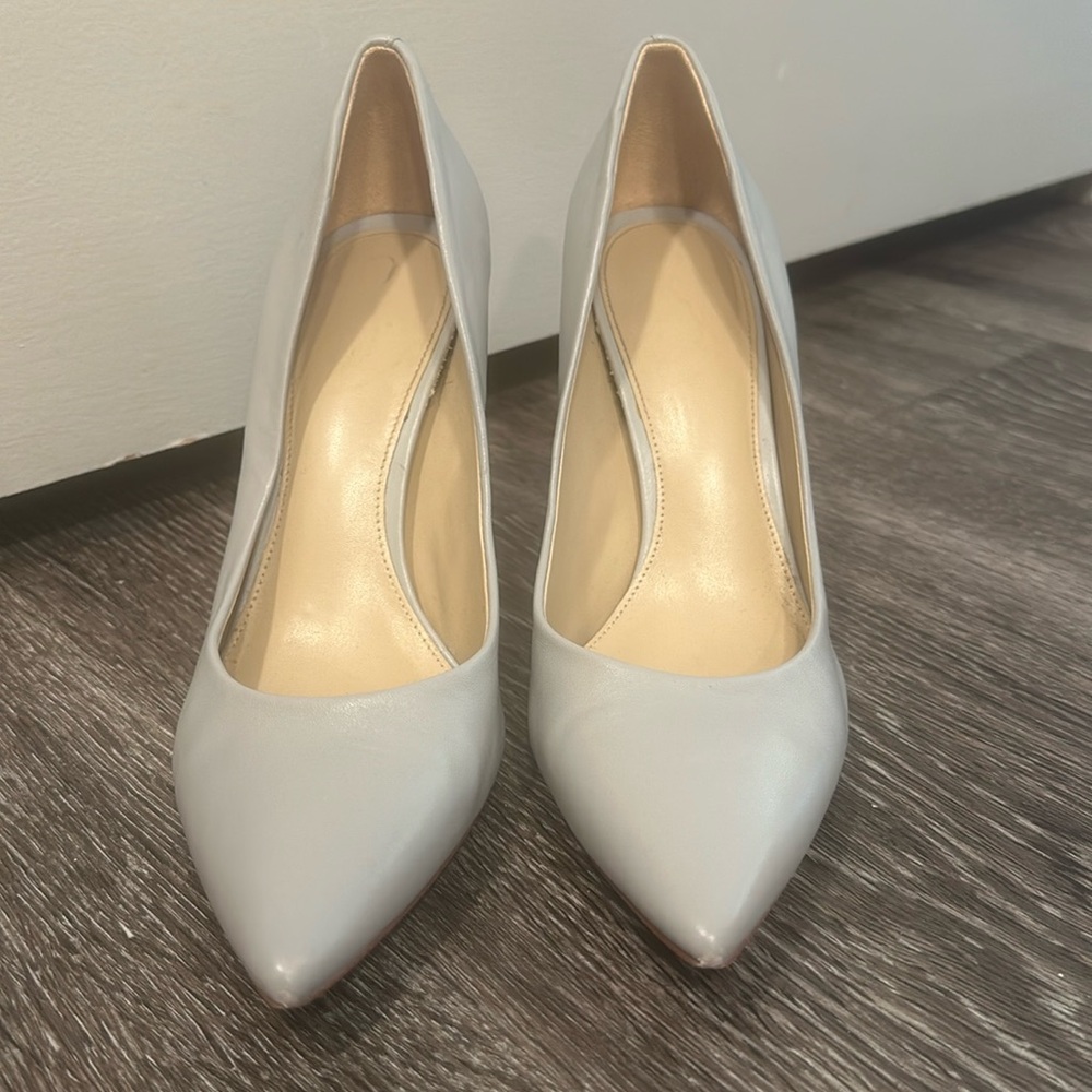 Gray leather heels